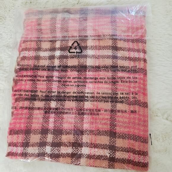 NEW Madewell Gauzy Plaid Scarf Azalea Pink Oversized Fringe Acrylic Wool Blend - Picture 7 of 8